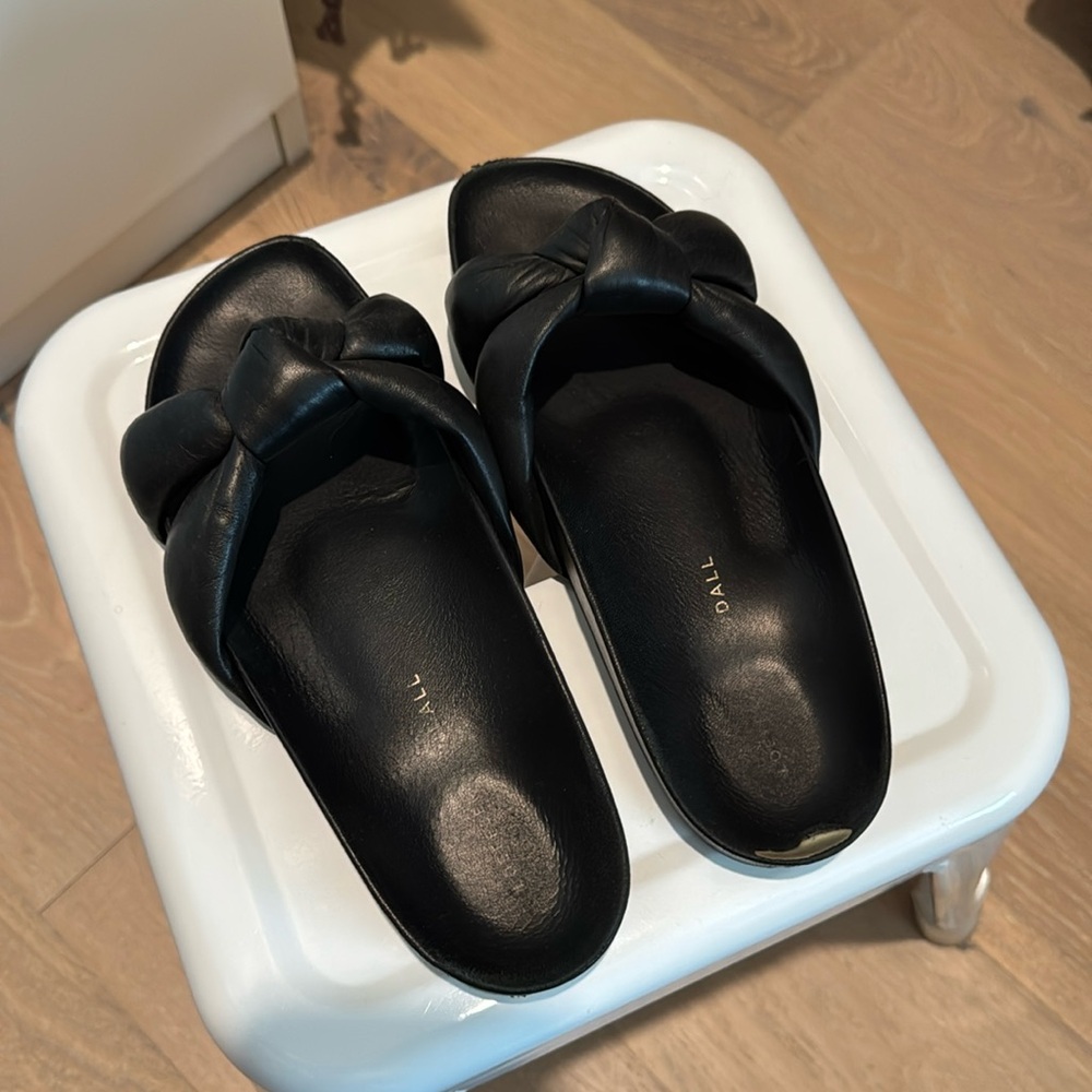 Loeffler Randall, plush black, genuine, leather slides